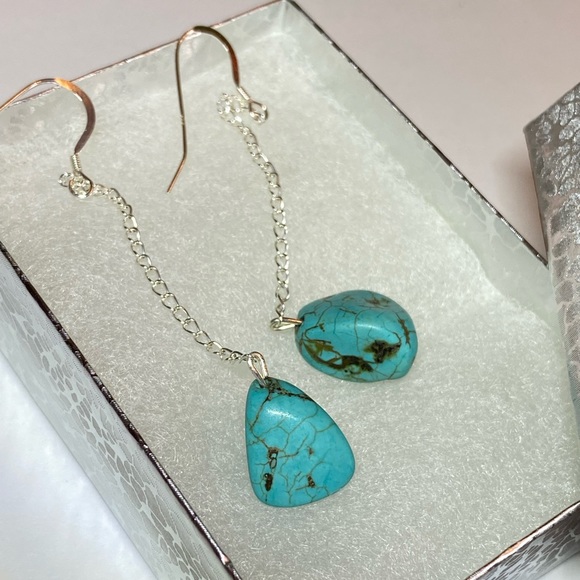 Turquoise Nugget Sterling Silver Drop Dangle Earrings - Picture 4 of 14